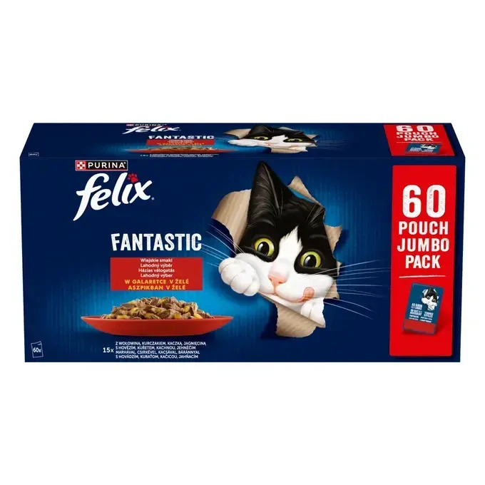 Felix Fantastic s hovězím, kuřetem, kachnou a jehněčím v želé 60 x 85g