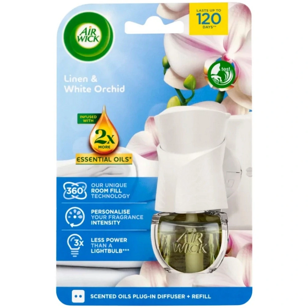 Air Wick elektrický osvěžovač vzduchu Essential Oils Linen & White Orchid - komplet