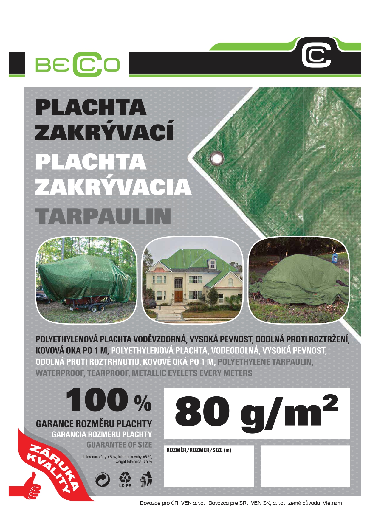 Plachta zakrývací zelená 2 x 6 m, 80 g/m2